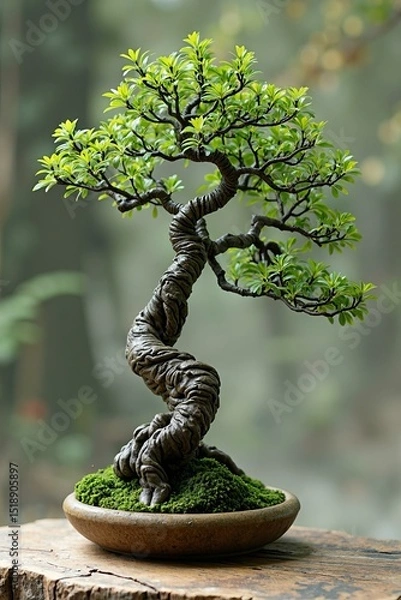 Fototapeta Artistic Bonsai Tree with Twisted Trunk and Moss in Natural Forest Setting