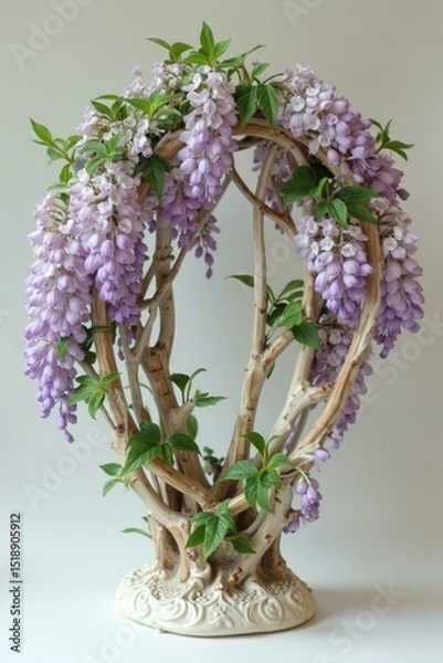 Fototapeta Ceramic Tree Sculpture with Cascading Lavender Wisteria and Green Leaves