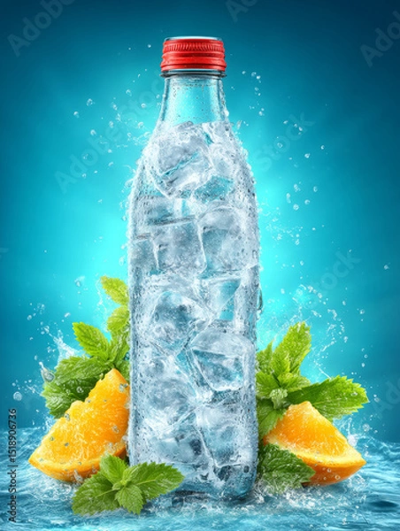 Obraz Refreshing Ice Cold Water Bottle Mockup With Mint and Citrus Fruit Elements