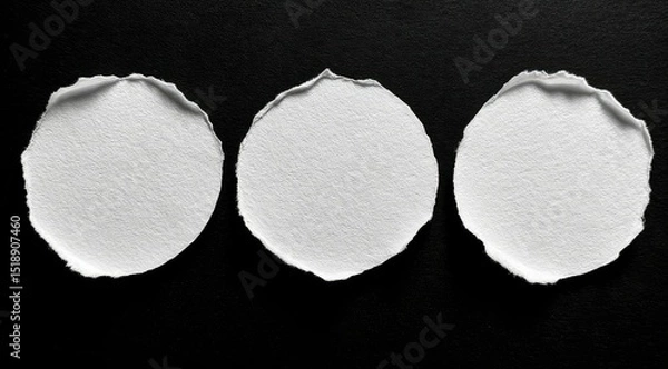 Fototapeta Three round, torn pieces of white paper are arranged horizontally against a solid black background, creating a simple yet visually striking image