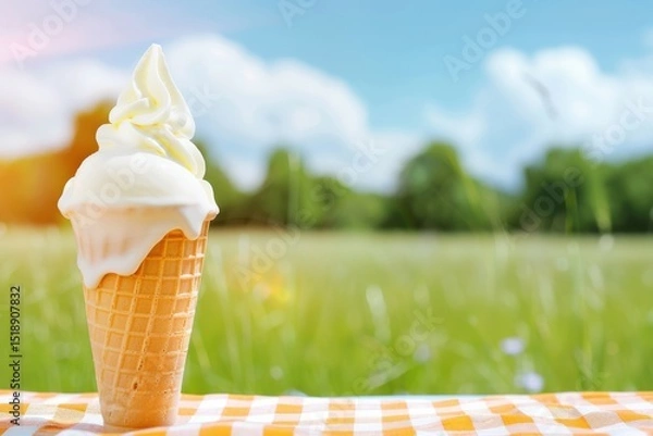 Fototapeta Melting Ice Cream Cone on Picnic Blanket in Summer