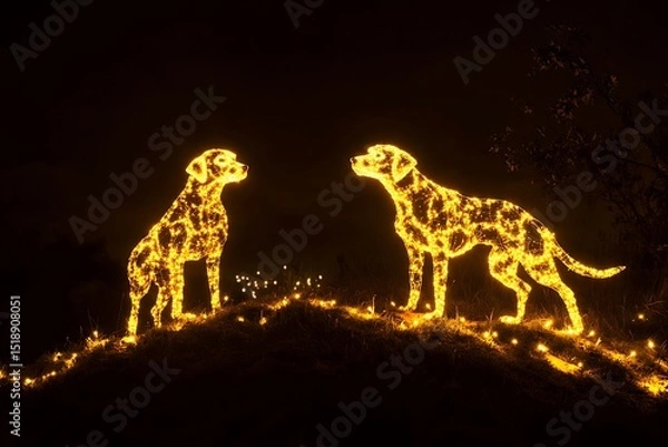 Fototapeta Two illuminated dog figures stand facing each other at night