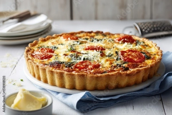 Fototapeta A rustic spinach and tomato quiche sits on a white marble-topped table, garnished with cheese and ready to serve.  A small dish of butter and a grater are nearby