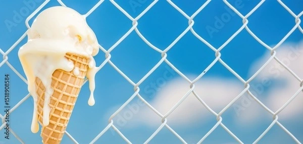 Fototapeta Melting Ice Cream Cone on Chain Link Fence