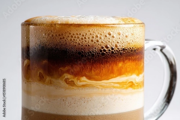 Fototapeta Close-up of a layered coffee drink in a clear glass mug, showing distinct layers of foam, espresso, and creamer.  The beverage exhibits rich, warm tones