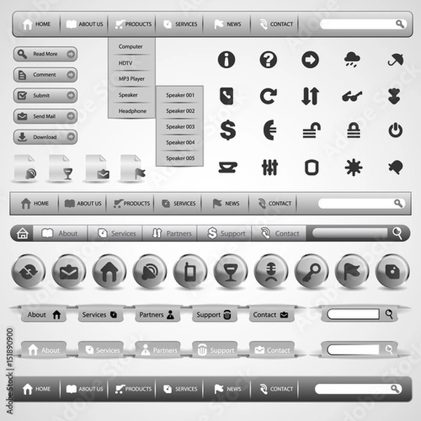 Fototapeta  Collection Of Grey Modern Styled Website Design Elements 