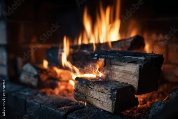 Fototapeta A close-up shot of burning logs in a brick fireplace, showcasing vibrant flames and the textural detail of the wood