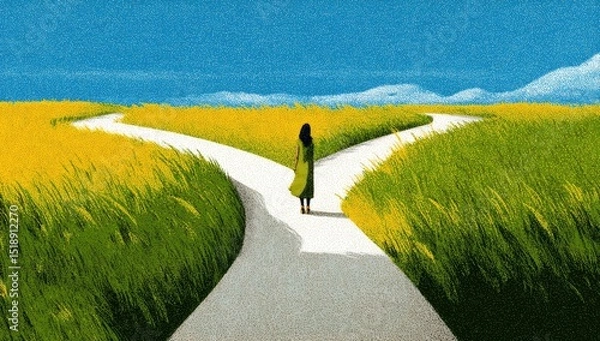 Fototapeta A woman stands at a fork in a bright yellow field, facing away from the viewer, contemplating which path to take.  The sky is a clear blue