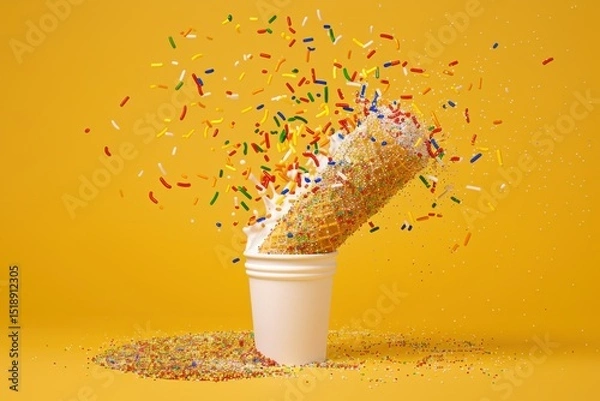 Fototapeta Upside Down Ice Cream Cone with Sprinkles on Yellow