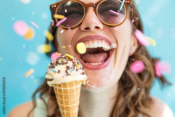 Fototapeta Joyful Indulgence: Woman Enjoys Ice Cream with Sprinkles