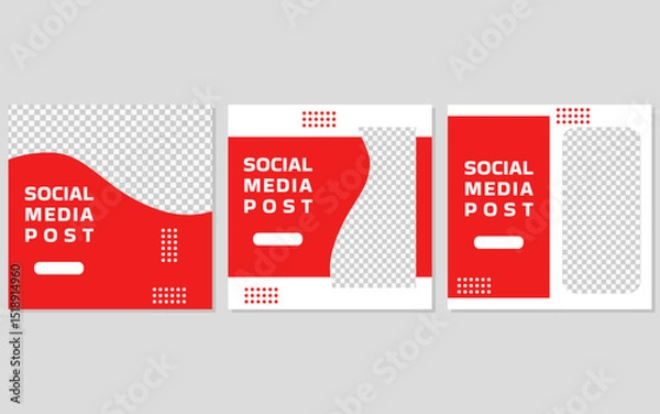 Fototapeta Three red and white social media post templates with checkered backgrounds.