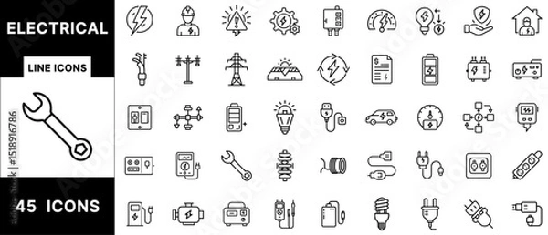 Fototapeta Electrical and Energy Line Icons Bundle Featuring Power Supply, Solar Panel, Battery, Cable, Circuit, Charger, Light Bulb, Socket, and Tools