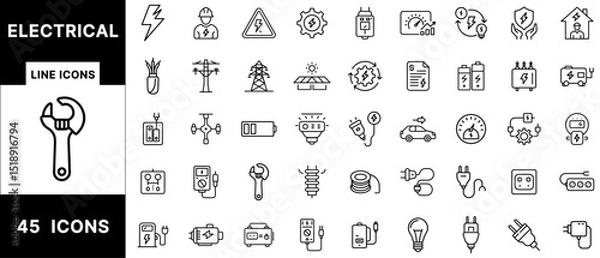 Fototapeta Electrical and Energy Line Icons Bundle Featuring Power Supply, Solar Panel, Battery, Cable, Circuit, Charger, Light Bulb, Socket, and Tools