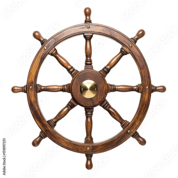 Obraz Classic wooden ship wheel, symbolizing navigation and adventure, features polished brass center and sturdy spokes, perfect for maritime decor