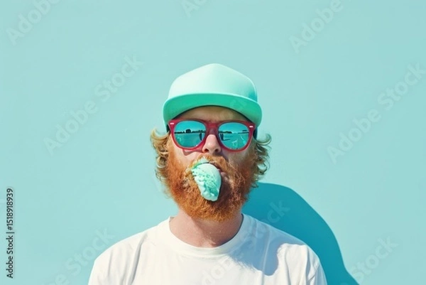 Fototapeta Summer Cool: Redhead with Ice Cream on Blue