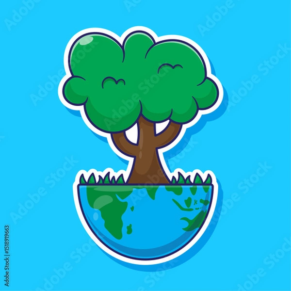 Fototapeta Cute cartoon vector sticker, icon, mascot, symbol of tree and earth suitable used for event about preserving the environment