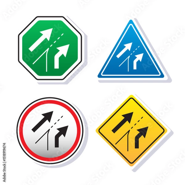 Fototapeta Entering roadway added lane traffic sign symbol and highway safety devices set isolated on white background illustration vector concept