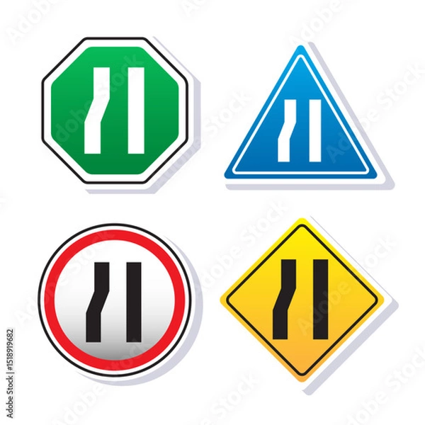 Fototapeta Left lane ends traffic sign symbol for highway street standard safety procedure cartoon illustration vector isolated