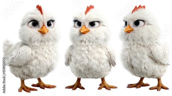 Fototapeta Adorable Animated Chick Character in Three Poses with Fluffy White Feathers
