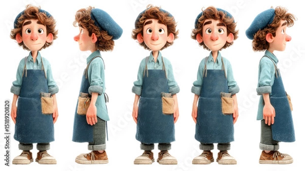 Obraz Young Animated Boy with Curly Hair Wearing Blue Apron and Hat in Four Poses