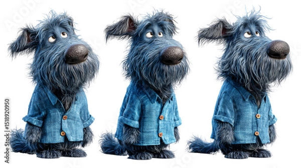 Obraz Playful cartoon dog character with fluffy fur and denim shirt poses in three angles