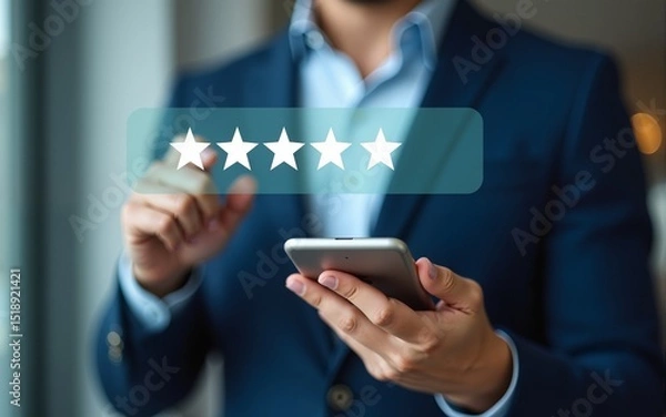 Fototapeta Customer satisfaction survey concept, Businessman using smartphone touch happy smiley icon, 5 star service experience rating, Feedback, Online review, Online application, Quality satisfaction review.