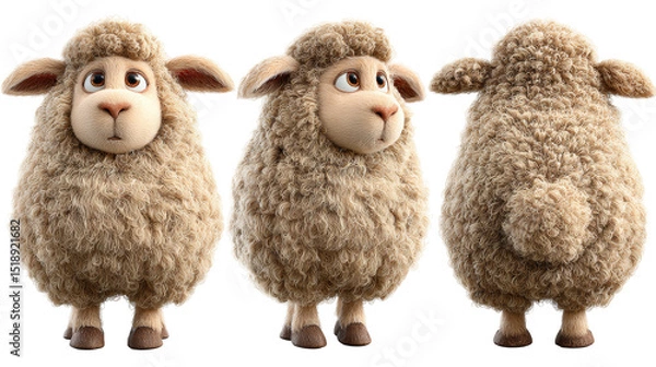 Obraz Cute cartoon sheep character in three different views showcasing fluffy wool texture