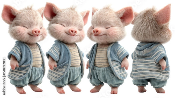 Obraz Cute Cartoon Baby Pig Character in Various Poses Wearing Blue Outfit and Smiling