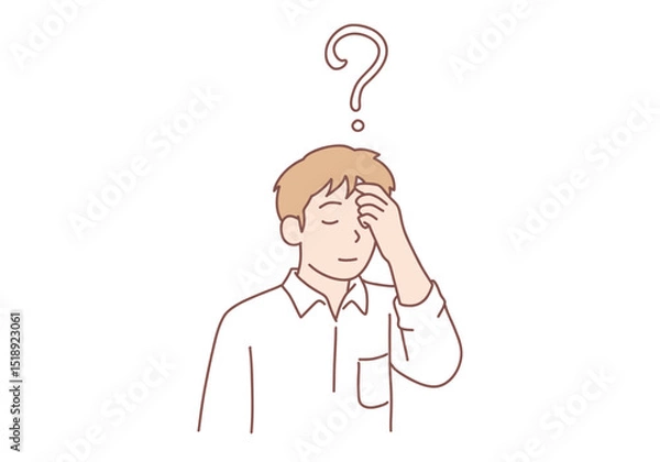Fototapeta Face, expression, remember concept. Young unhappy sad man standing with hand on head for mistake or remembering error. Headache or bad memory. Hand drawn style vector design illustrations.