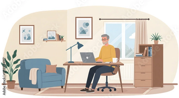 Fototapeta Businessman sits at his desk, diligently working on a laptop in a modern office