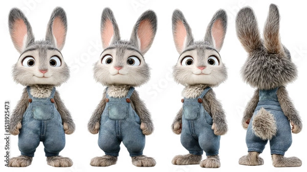 Obraz Cute cartoon rabbit character in blue overalls with expressive facial features and fur