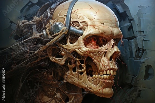Fototapeta Futuristic cybernetic skull with cables and technology integrated into its structure