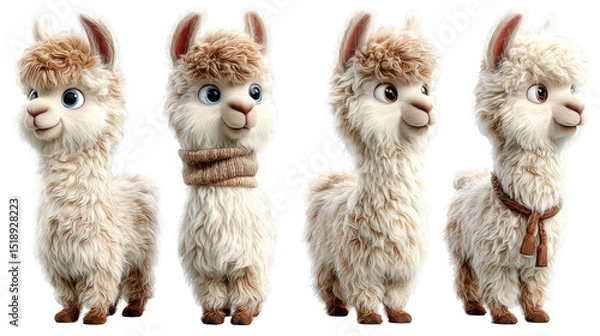 Obraz Cute Cartoon Alpaca Characters in Various Poses and Outfits for Fun and Joyful Designs