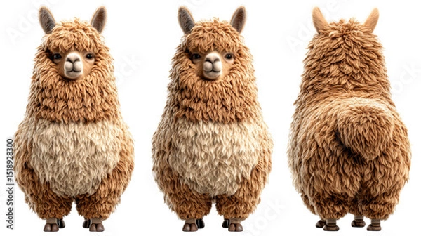 Obraz Cute cartoon llama character with fluffy fur from multiple angles for creative use