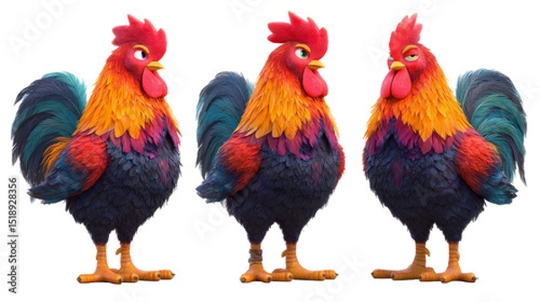 Obraz Colorful Cartoon Rooster Character Set with Vibrant Feathers in Various Poses