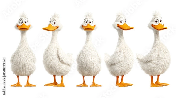 Fototapeta Playful Animated Ducks Showing Different Expressions and Poses in a Line-up