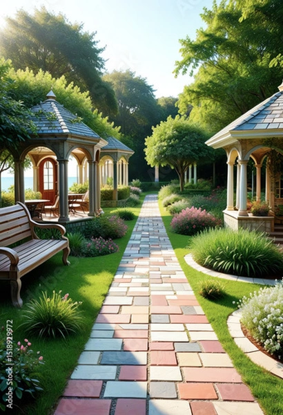 Fototapeta Serene Garden Pathway with Gazebos