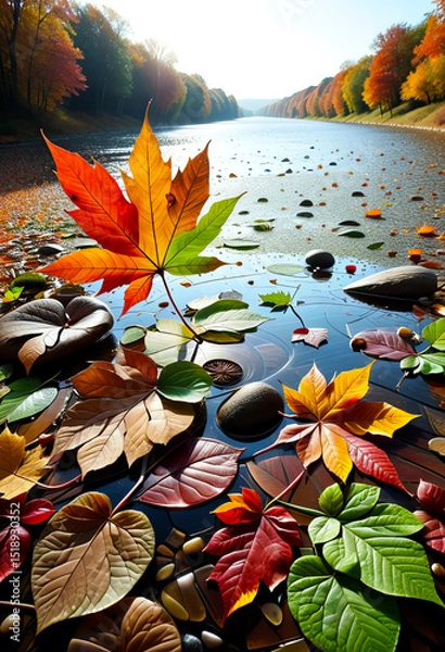 Fototapeta Autumn Leaves Floating on a Serene River