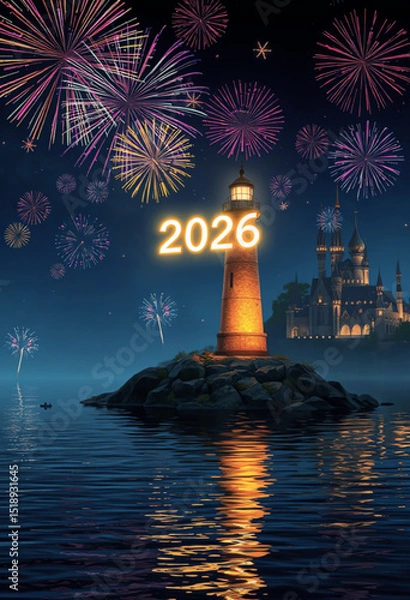 Fototapeta Celebration of 2026 with Fireworks and Lighthouse