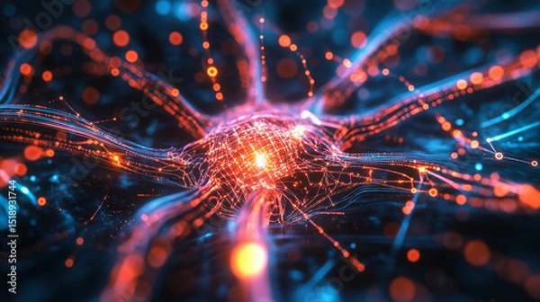 Fototapeta Abstract neural network with glowing orange and blue connections, visualizing brain, intelligence, AI, and connectivity concepts.