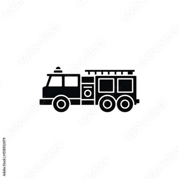 Fototapeta Black Silhouette of a Fire Truck with Ladder and Wheels on a White Background