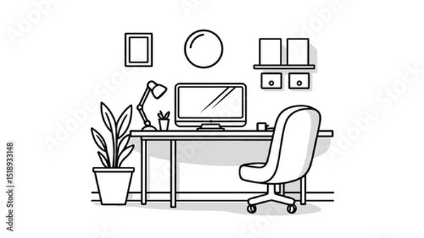 Fototapeta Minimalist Home Office Desk Setup with Computer Chair and Plant