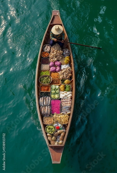 Obraz Overhead view of a traditional boat filled with colorful produce at a floating market, set against turquoise water — a vibrant symbol of Southeast Asian culture and trade.


