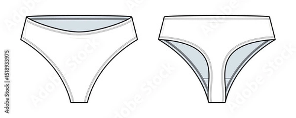 Fototapeta Mid-Rise Bikini Panty Technical Fashion Illustration. Women’s Underwear Vector Template. Front and Back View. Clean Lines. Soft Curve Fit. White Color. CAD Mockup set.