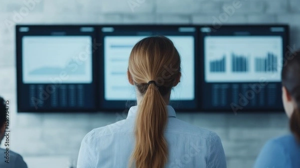 Fototapeta A woman observes data and charts on multiple large screens in an office setting, likely analyzing business or financial information.