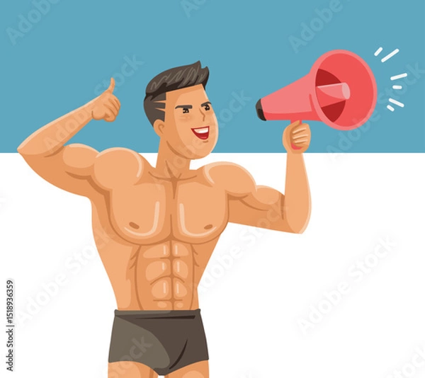 Fototapeta Handsome muscular man is shouting through a loudspeaker