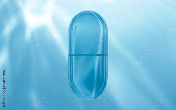 Obraz Blue transparent glass capsule, drug therapy, 3d rendering.