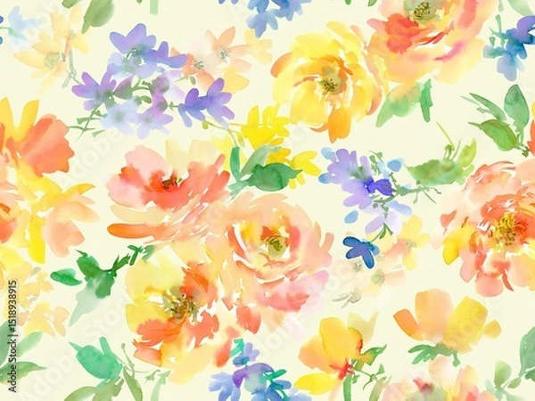 Obraz Seamless pattern of abstract watercolor orange peonies and wildflowers. Hand-drawn autumn-colored botanical textile design. Floral wallpaper.