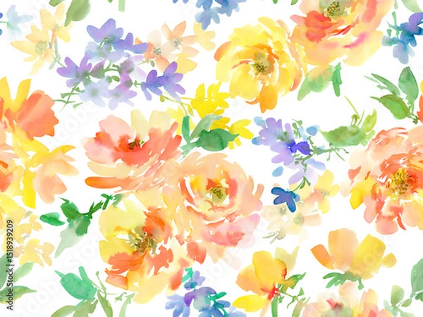 Obraz PNG Seamless pattern of abstract watercolor orange peonies and wildflowers. Hand-drawn autumn-colored botanical textile design with transparent background. Floral wallpaper.