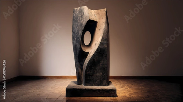 Obraz poster for public sculpture exhibition | land and figure unity | elemental dignity | dark stone and dust | grounded centrality | hollowed body | pierced torso forms | void insertion | void and mass